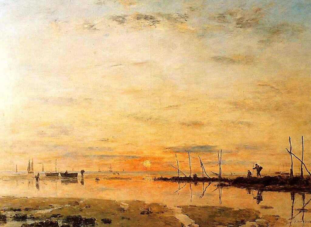 Pintura "O Pôr do Sol na baixa maré", de Eugene Bodin. Ilustrando o poema "Murmúrios da Tarde", de Castro Alves.