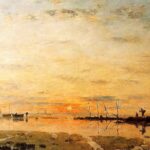 Pintura "O Pôr do Sol na baixa maré", de Eugene Bodin. Ilustrando o poema "Murmúrios da Tarde", de Castro Alves.