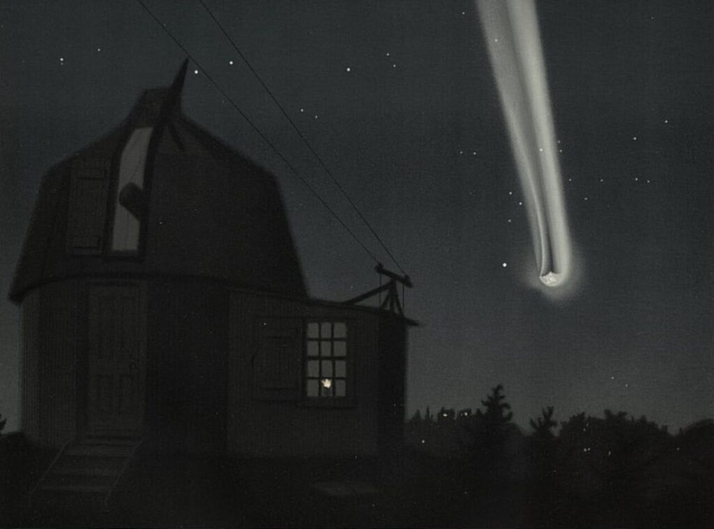 Pintura "O Grande Cometa de 1882", de Étienne Léopold Trouvelot. Ilustrando o poema "Numa Pagina de Álbum", de Castro Alves.