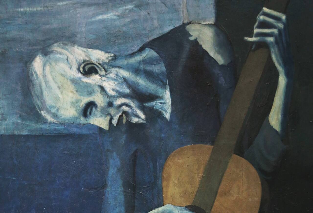 Pintura "O O Velho Guitarrista", de Pablo Picasso. Ilustrando o poema "O Fantasma e a Canção", de Castro Alves.