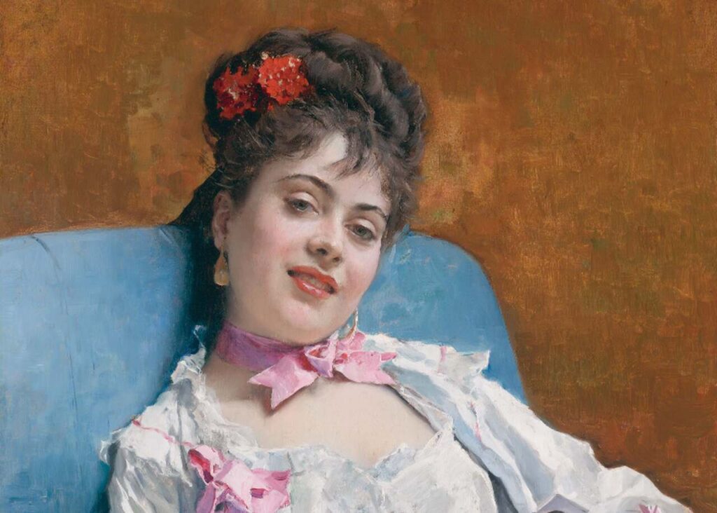 Pintura "Fond Memories", de Raimondo Madrazo. Ilustrando o poema "O Laço de Fita", de Castro Alves.