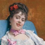 Pintura "Fond Memories", de Raimondo Madrazo. Ilustrando o poema "O Laço de Fita", de Castro Alves.