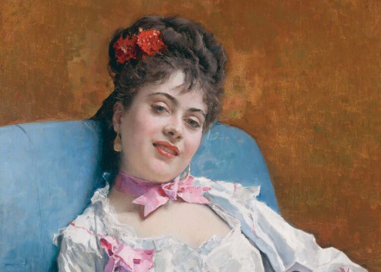 Pintura "Fond Memories", de Raimondo Madrazo. Ilustrando o poema "O Laço de Fita", de Castro Alves.