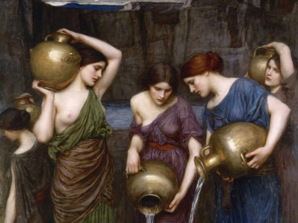 Pintura "As Danaides", de John William Waterhouse. Ilustrando o poema "O Tonel das Danaides", de Castro Alves.