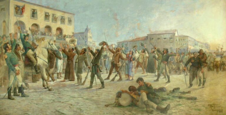 Pintura "O Primeiro Passo para a Independência da Bahia", de Antônio Parreiras. Ilustrando o poema "Ode ao Dois de Julho", de Castro Alves.