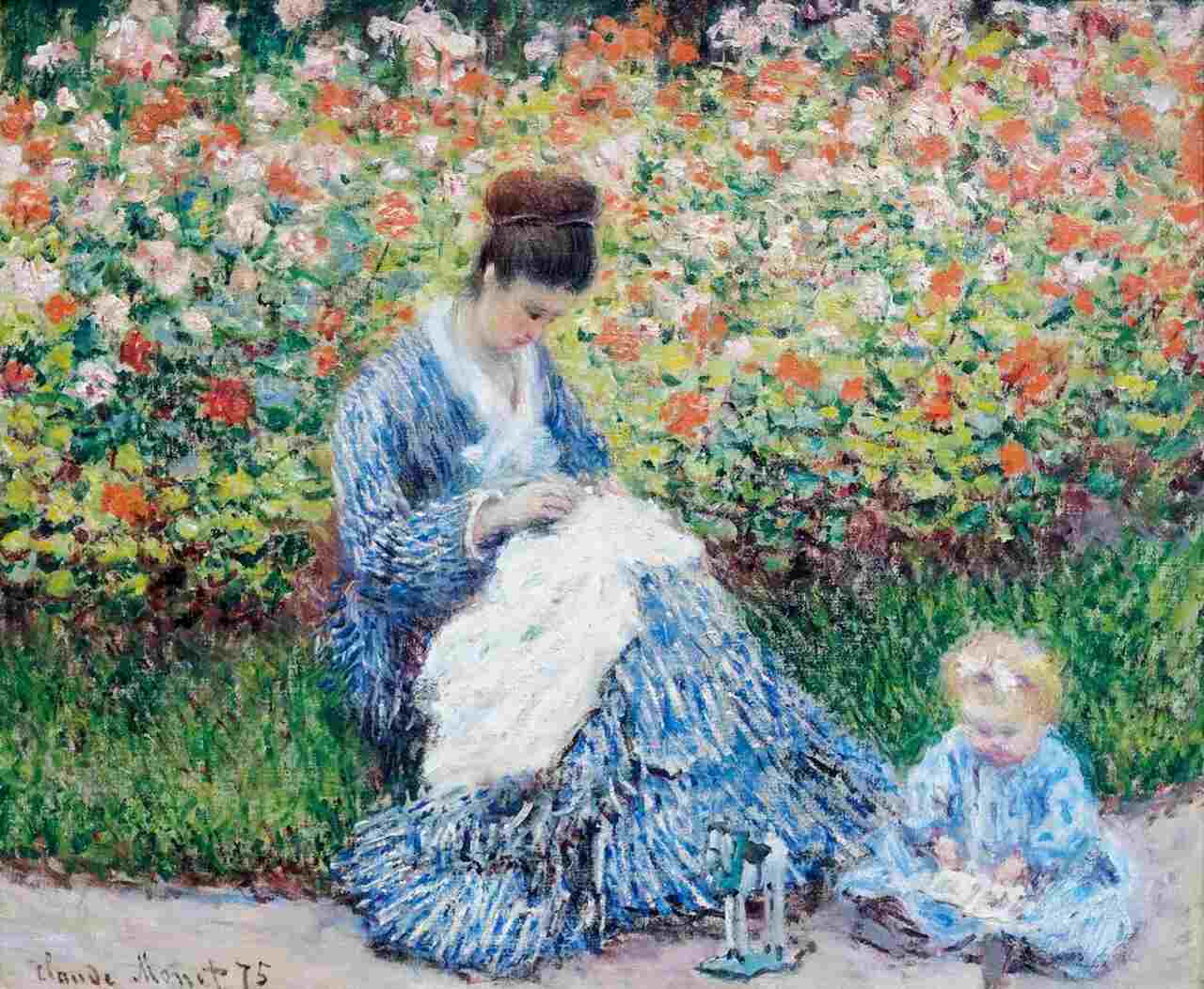 Pintura "Camille Monet and a Child in the Artist’s Garden at Argenteuil", 1875, de Claude Monet, ilustrando o poema A Eugênia, de Auta de Souza.