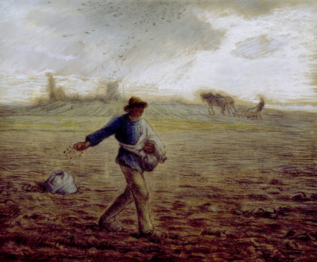 Pintura "The Sower", de Millet. Ilustrando o poema Alguém na Estrada, de Auta de Souza.