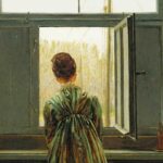 Pintura "Mulher na Janela", de Caspar David Friedrich. Ilustrando o poema "Penso em Ti", de Castro Alves.