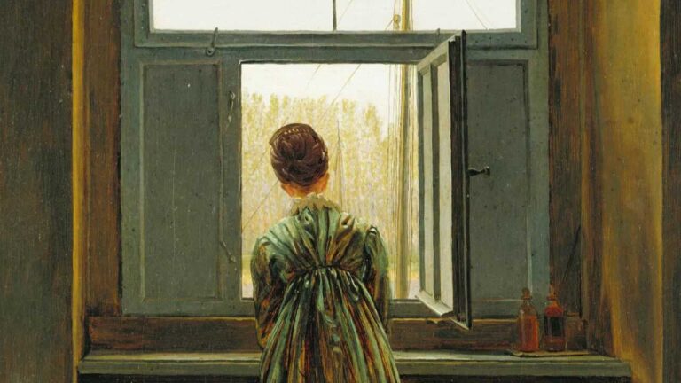 Pintura "Mulher na Janela", de Caspar David Friedrich. Ilustrando o poema "Penso em Ti", de Castro Alves.