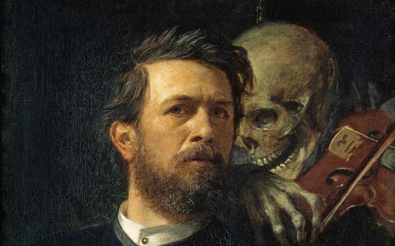 Autorretrato com a morte tocando violino, de Arnold Böcklin. Ilustrando o poema "Quando eu morrer", de Castro Alves.