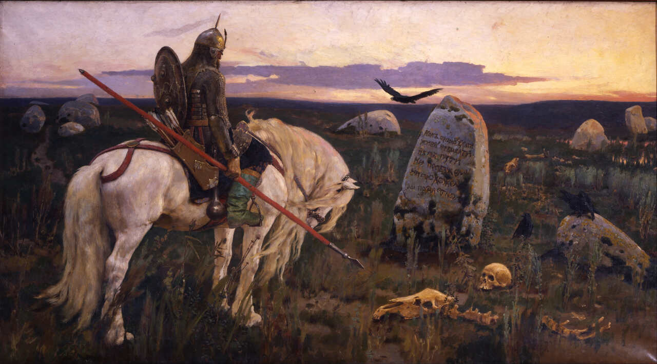 Pintura "Knight at the Crossroads", de Victor Vasnetsov. Ilustrando o poema Remorso, de Castro Alves