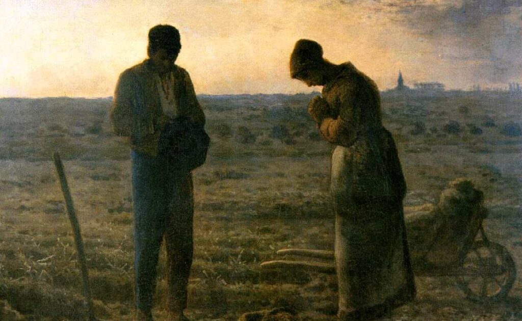Pintura Angelus, de Jean-François Millet. Ilustrando o poema Rezas, de Castro Alves.