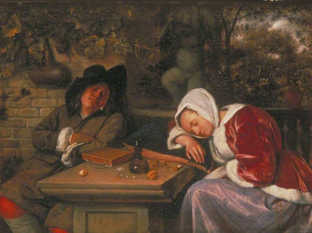 Pintura The Sleeping Couple, de Jan Steen. Ilustrando o poema Uma Pagina de Escola Realista, de Castro Alves.