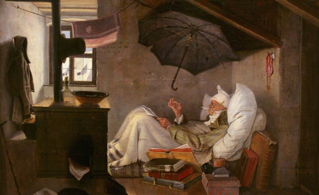 O Pobre Poeta, de Carl Spitzweg. Ilustrando o poema "Poesia e Mendicidade", de Castro Alves.