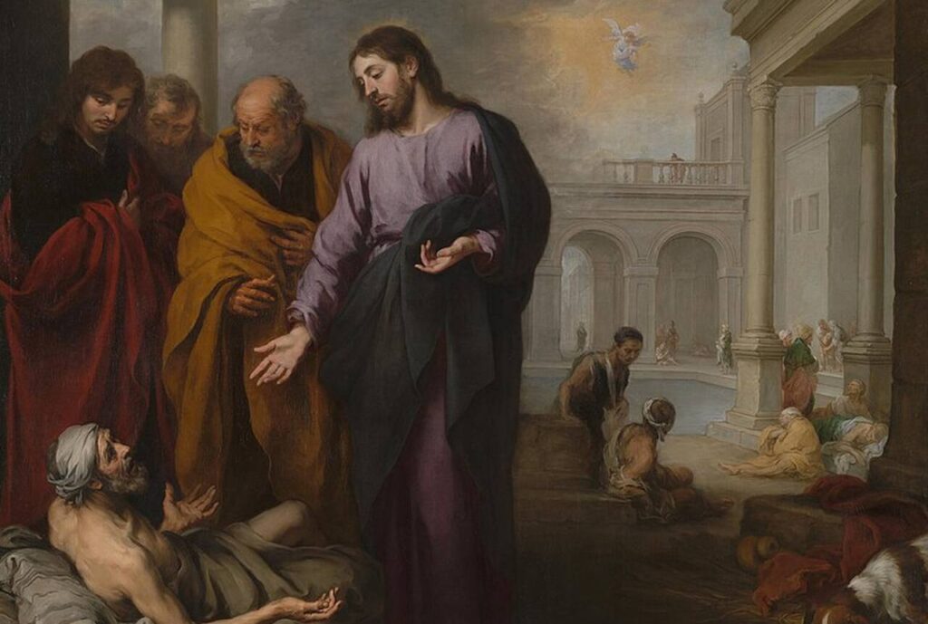 Christ Healing the Paralytic at the Pool of Bethesda, de Bartolomé Esteban Murillo. Ilustarndo o poema "Quem Dá aos Pobres, Empresta a Deus", de Castro Alves.