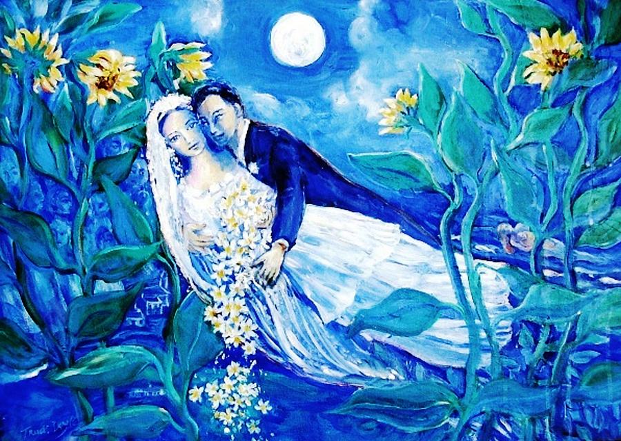 Pintura "Lovers and Sunflowers after Marc Chagall", de Trudi Doyle. Ilustrando o poema "Ao Clarão da Lua", de Auta de Souza.