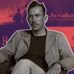 Uma montagem com John Steinbeck sentado no centro, com duas capas de seus livros ao fundo: Ratos e Homens e As Vinhas da Ira, em tom vermelho