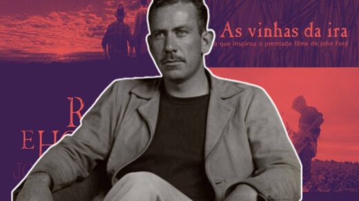 Uma montagem com John Steinbeck sentado no centro, com duas capas de seus livros ao fundo: Ratos e Homens e As Vinhas da Ira, em tom vermelho