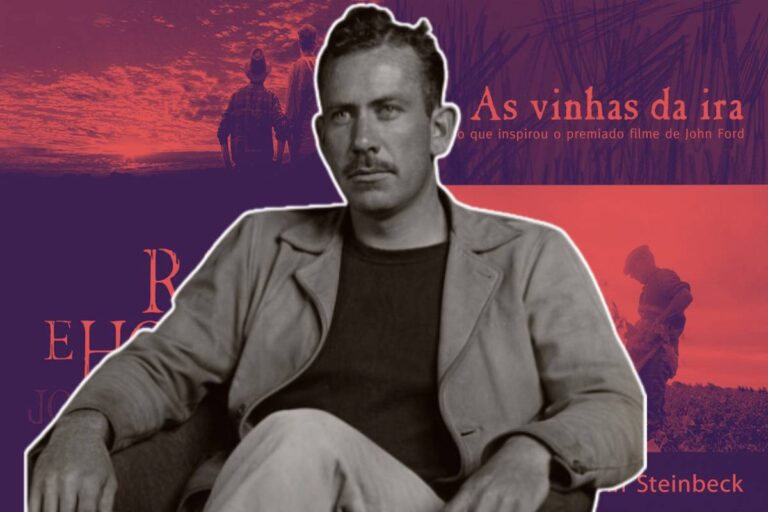 Uma montagem com John Steinbeck sentado no centro, com duas capas de seus livros ao fundo: Ratos e Homens e As Vinhas da Ira, em tom vermelho