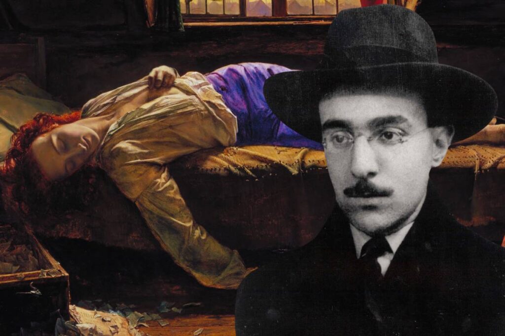 Pintura "Chatterton", de Henry Wallis, mostrando Chatterton deitado em sua cama, já sem vida. Ao lado, um recorte de Fernando Pessoa.