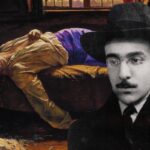 Pintura "Chatterton", de Henry Wallis, mostrando Chatterton deitado em sua cama, já sem vida. Ao lado, um recorte de Fernando Pessoa.