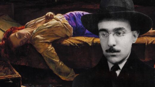 Pintura "Chatterton", de Henry Wallis, mostrando Chatterton deitado em sua cama, já sem vida. Ao lado, um recorte de Fernando Pessoa.