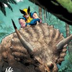 Wolverine em uma floresta, montado em cima de um dinossauro