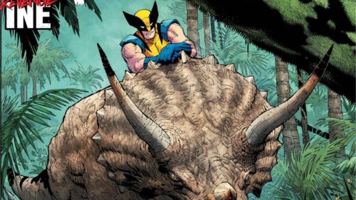 Wolverine em uma floresta, montado em cima de um dinossauro