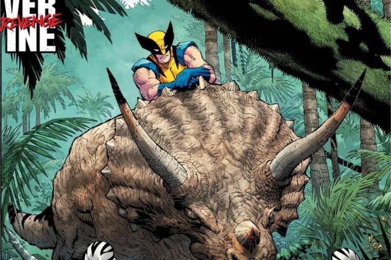 Wolverine em uma floresta, montado em cima de um dinossauro