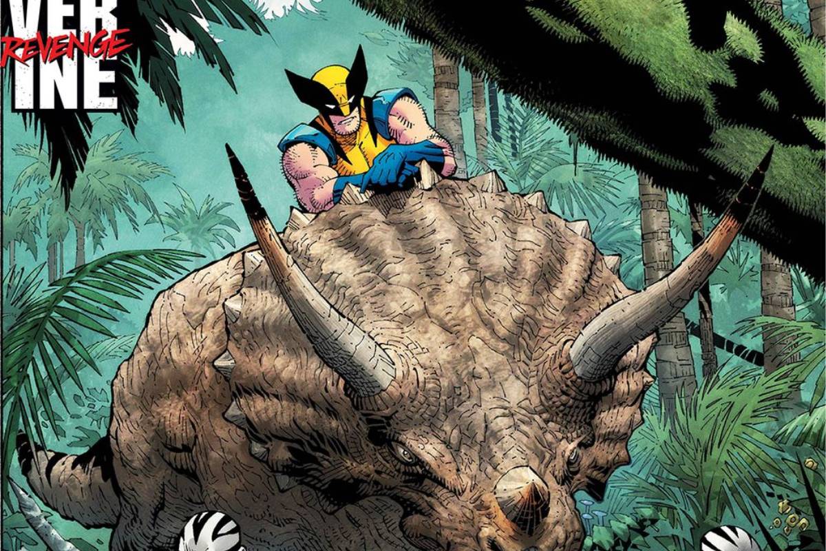 Wolverine em uma floresta, montado em cima de um dinossauro