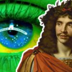 Um retrato de Molière à esquerda, em um fundo com um olho chorando com as cores da bandeira do Brasil, muito associado aos chamados "cidadãos de bem" hoje em dia