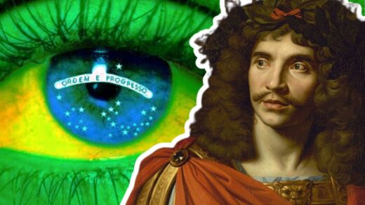Um retrato de Molière à esquerda, em um fundo com um olho chorando com as cores da bandeira do Brasil, muito associado aos chamados "cidadãos de bem" hoje em dia