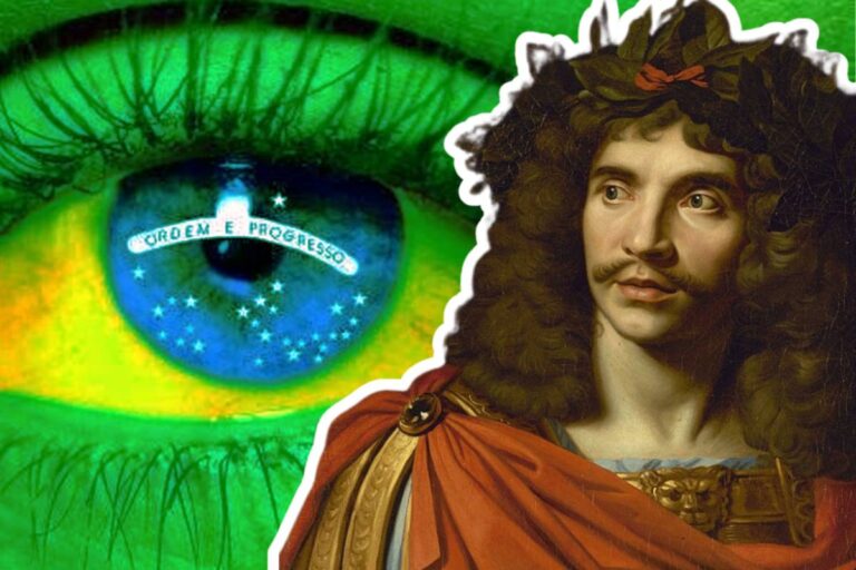 Um retrato de Molière à esquerda, em um fundo com um olho chorando com as cores da bandeira do Brasil, muito associado aos chamados "cidadãos de bem" hoje em dia