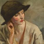 Pintura "A Woman Thinking - Portrait of Miss Sinclair", de Sir William Orpen R.A. Uma mulher pensativa, vestindo um chapéu, com olhar introspectivo.