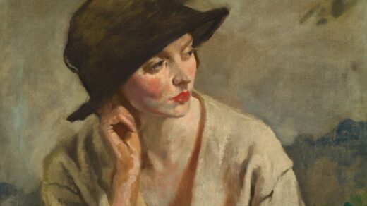 Pintura "A Woman Thinking - Portrait of Miss Sinclair", de Sir William Orpen R.A. Uma mulher pensativa, vestindo um chapéu, com olhar introspectivo.