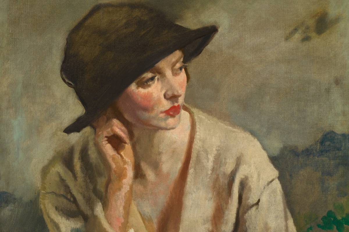 Pintura "A Woman Thinking - Portrait of Miss Sinclair", de Sir William Orpen R.A. Uma mulher pensativa, vestindo um chapéu, com olhar introspectivo.