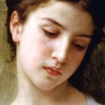 Pintura "woman's face painting", de William Adolphe Bouguereau. Mostra uma jovem menina olhando para baixo, em olhar terno.