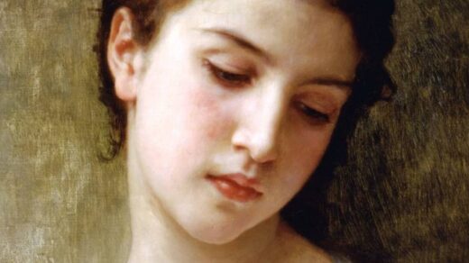 Pintura "woman's face painting", de William Adolphe Bouguereau. Mostra uma jovem menina olhando para baixo, em olhar terno.