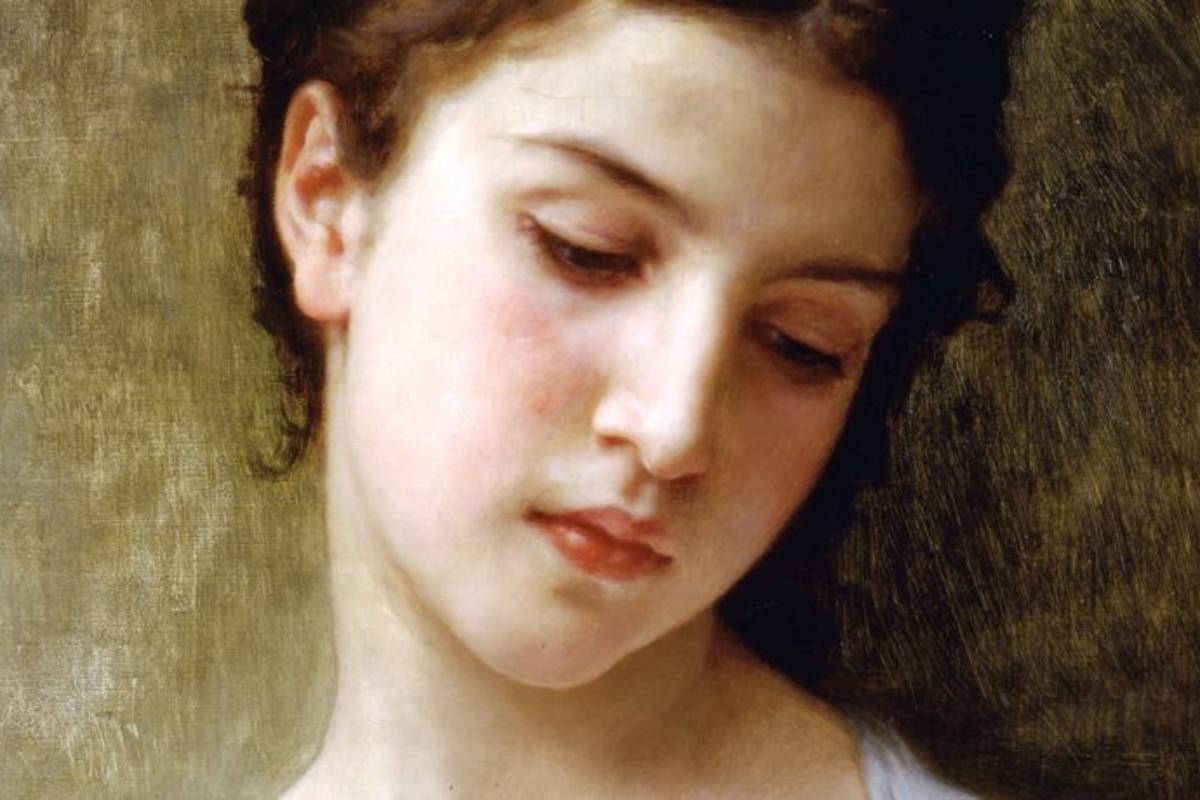 Pintura "woman's face painting", de William Adolphe Bouguereau. Mostra uma jovem menina olhando para baixo, em olhar terno.