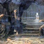 Pintura "A Golden Thread", de Strudwick. Mostra as três moiras, figuras mitológicas gregas responsáveis por tecer o "fio da vida", que é cortado no momento em que a pessoa morre.