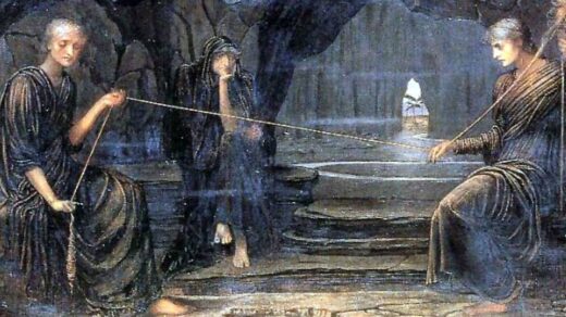 Pintura "A Golden Thread", de Strudwick. Mostra as três moiras, figuras mitológicas gregas responsáveis por tecer o "fio da vida", que é cortado no momento em que a pessoa morre.