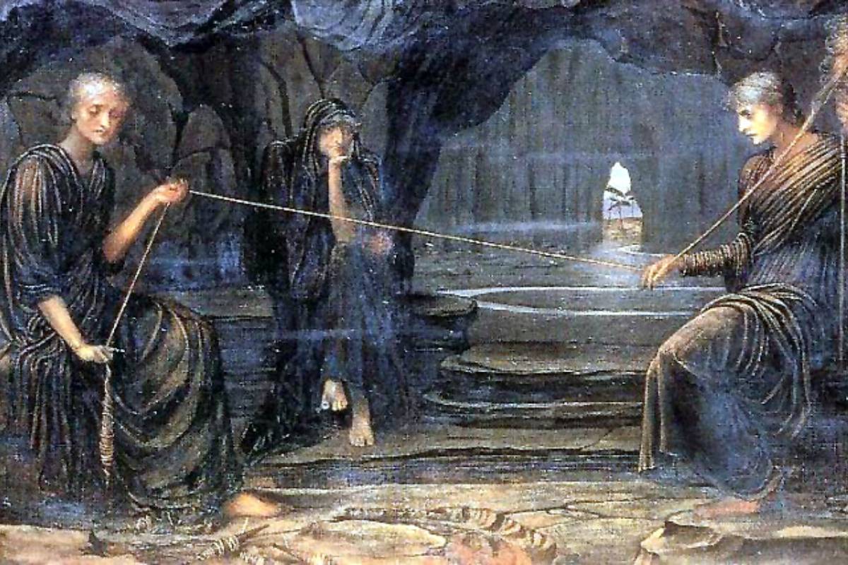 Pintura "A Golden Thread", de Strudwick. Mostra as três moiras, figuras mitológicas gregas responsáveis por tecer o "fio da vida", que é cortado no momento em que a pessoa morre.