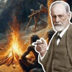 Freud à direita, com homens primitivos criando uma fogueira ao fundo.