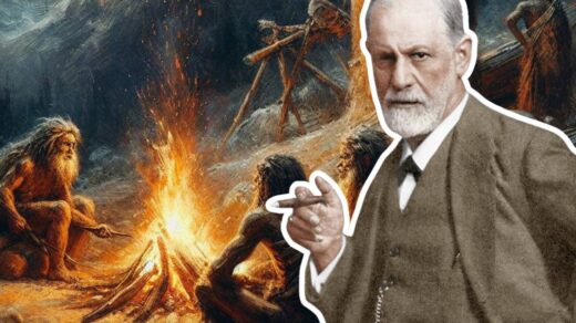 Freud à direita, com homens primitivos criando uma fogueira ao fundo.