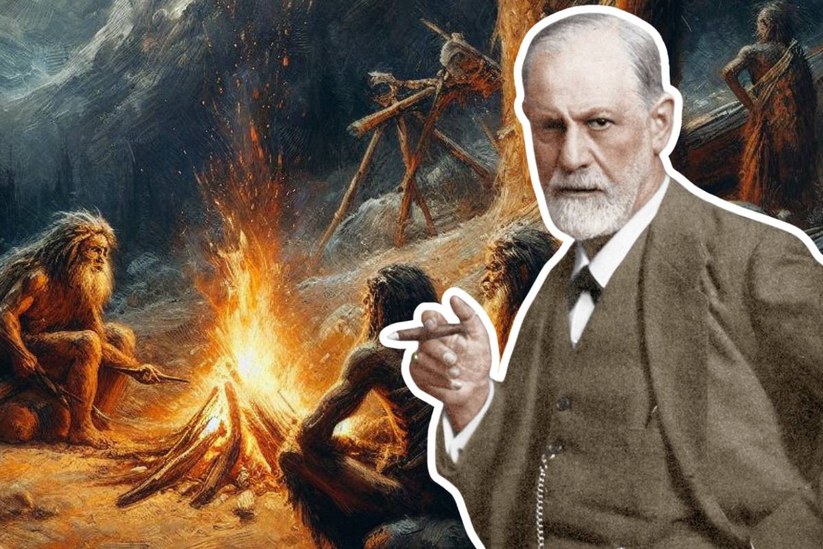 Freud à direita, com homens primitivos criando uma fogueira ao fundo.