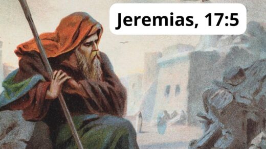 O profeta Jeremias sentado com um seu cajado, com Jerusalém ao fundo