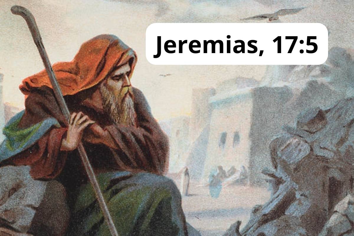 O profeta Jeremias sentado com um seu cajado, com Jerusalém ao fundo