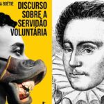 À esquerda, a capa de "Discurso Sobre a Servidão Voluntária", com um recorte de um homem com metade do rosto no formato de um burro. À direita, um retrato de Étienne de La Boétie