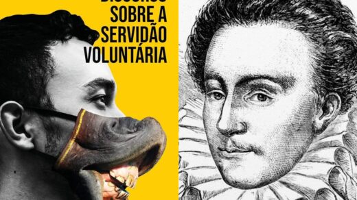 À esquerda, a capa de "Discurso Sobre a Servidão Voluntária", com um recorte de um homem com metade do rosto no formato de um burro. À direita, um retrato de Étienne de La Boétie