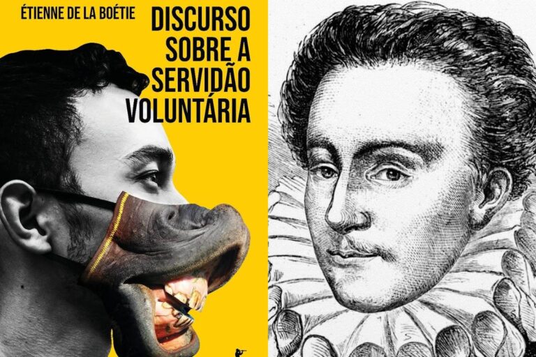 À esquerda, a capa de "Discurso Sobre a Servidão Voluntária", com um recorte de um homem com metade do rosto no formato de um burro. À direita, um retrato de Étienne de La Boétie